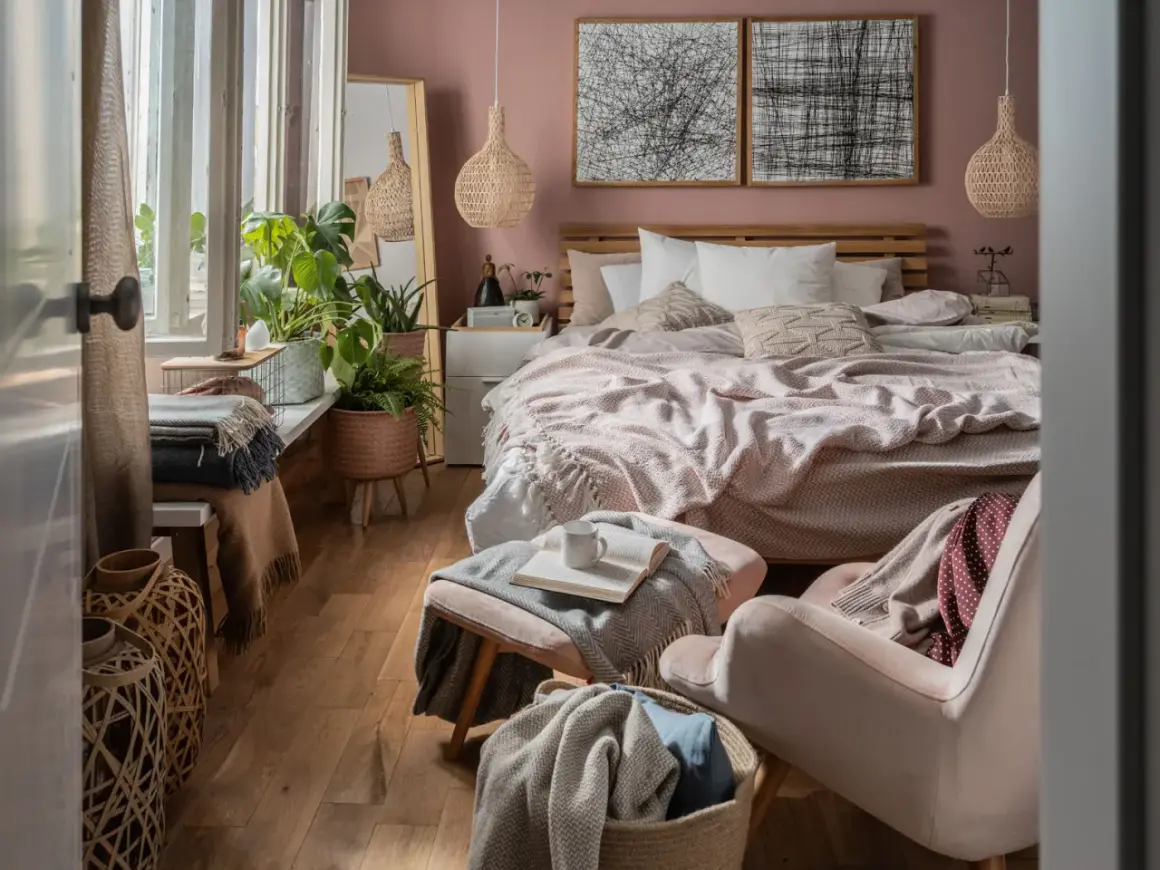 Sypialnia w stylu biophilic design: dużo roślin, naturalne materiały i spokojne kolory tworzą oazę spokoju.