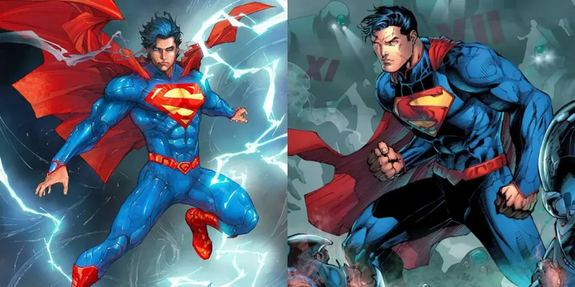 Superman w ikonicznym kostiumie, otoczony błyskawicami i w walce z robotem.