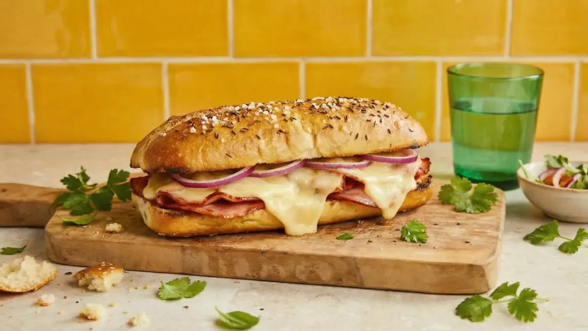 Ein herzhaftes Sandwich mit Schinken, Käse und Zwiebeln, bereit, die Seele zu essen.