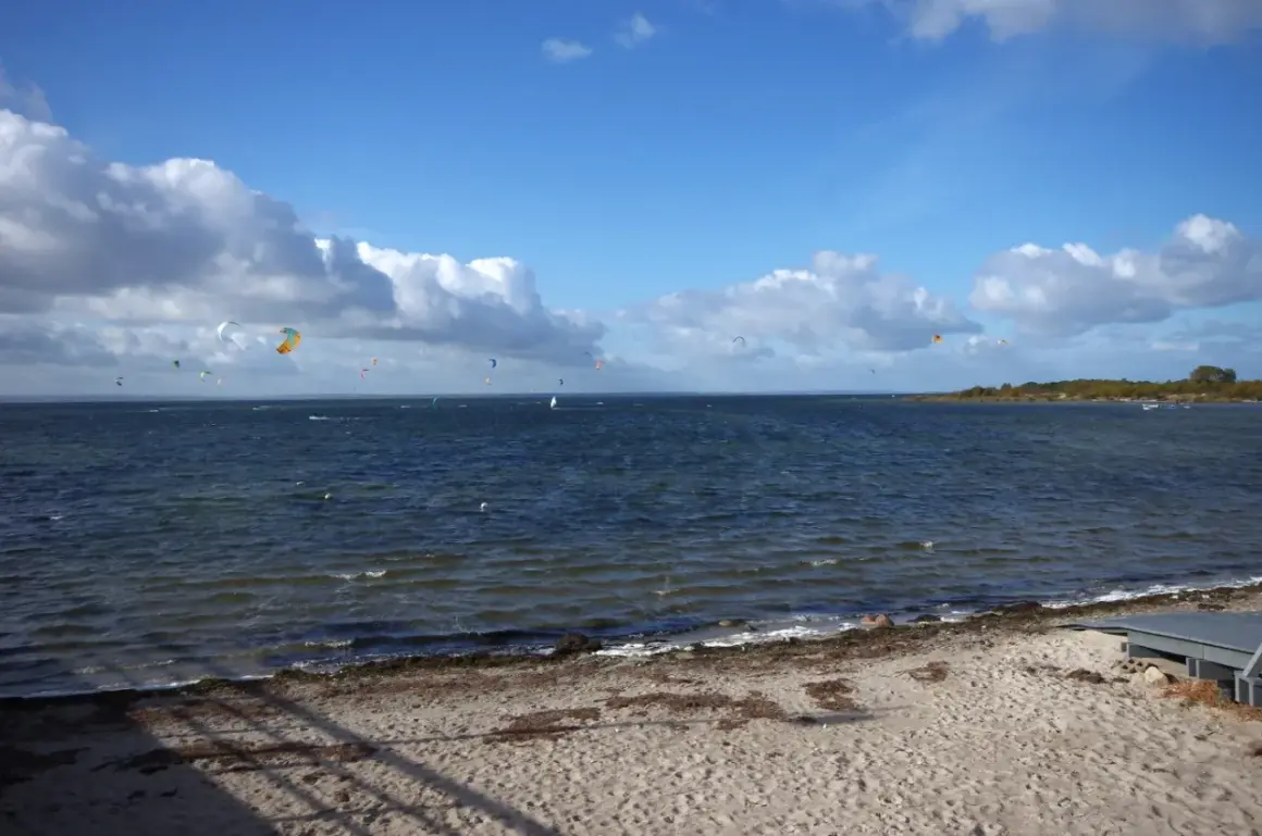Plaża z piaskiem i morzem, na którym wielu kitesurferów korzysta z wiatru. Idealne miejsce, gdzie najcieplej nad morzem, by uprawiać sporty wodne.