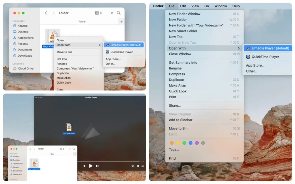 macOS Finder showing how to open .wmv files with Elmedia Player, the default application.