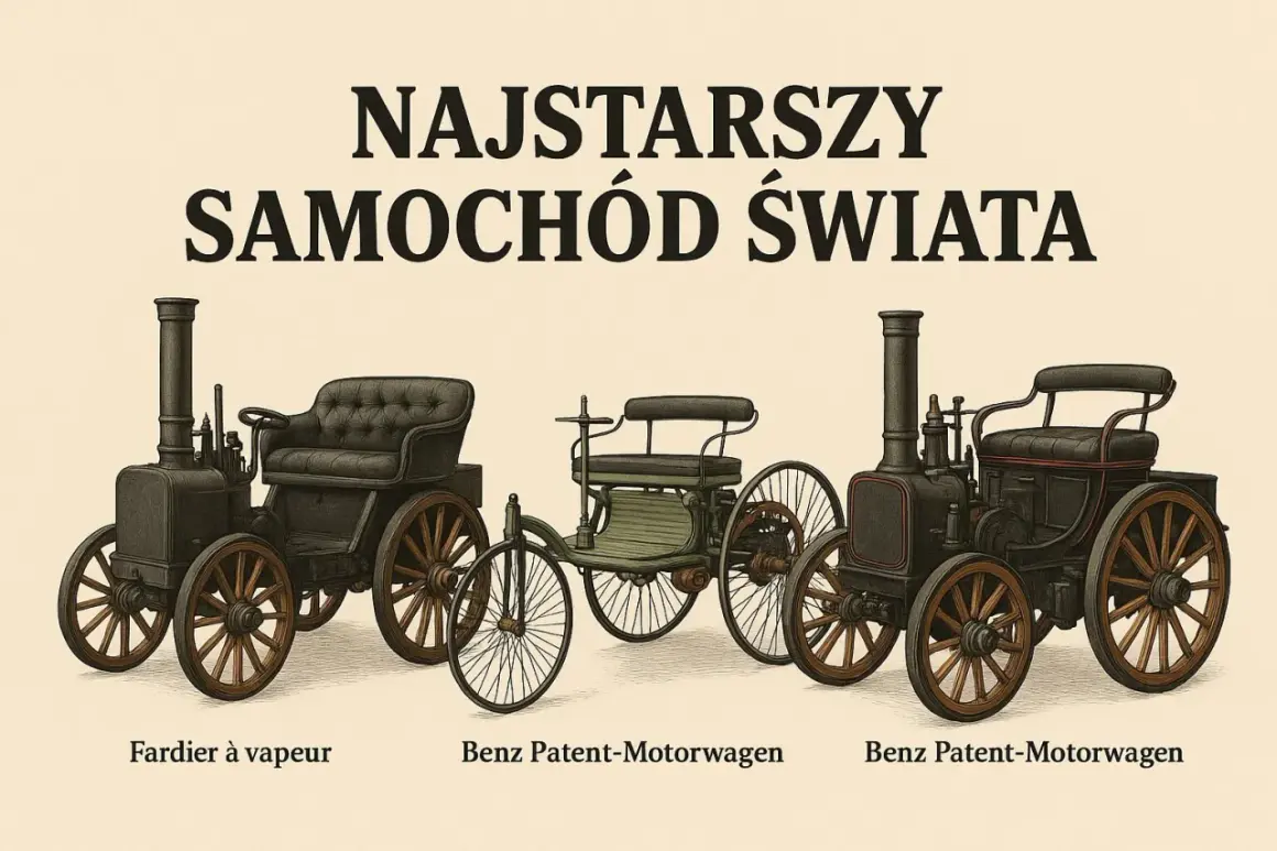 Ilustracja przedstawia trzy zabytkowe pojazdy: parowy Fardier à vapeur oraz dwa Benz Patent-Motorwagen. To najstarszy samochód na świecie i jego poprzednicy.