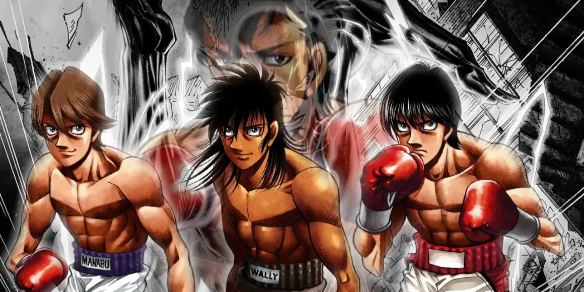 Three boxers, Manabu, Wally, and another, are ready to fight. Their determined faces and clenched fists hint at how fast is a punch.