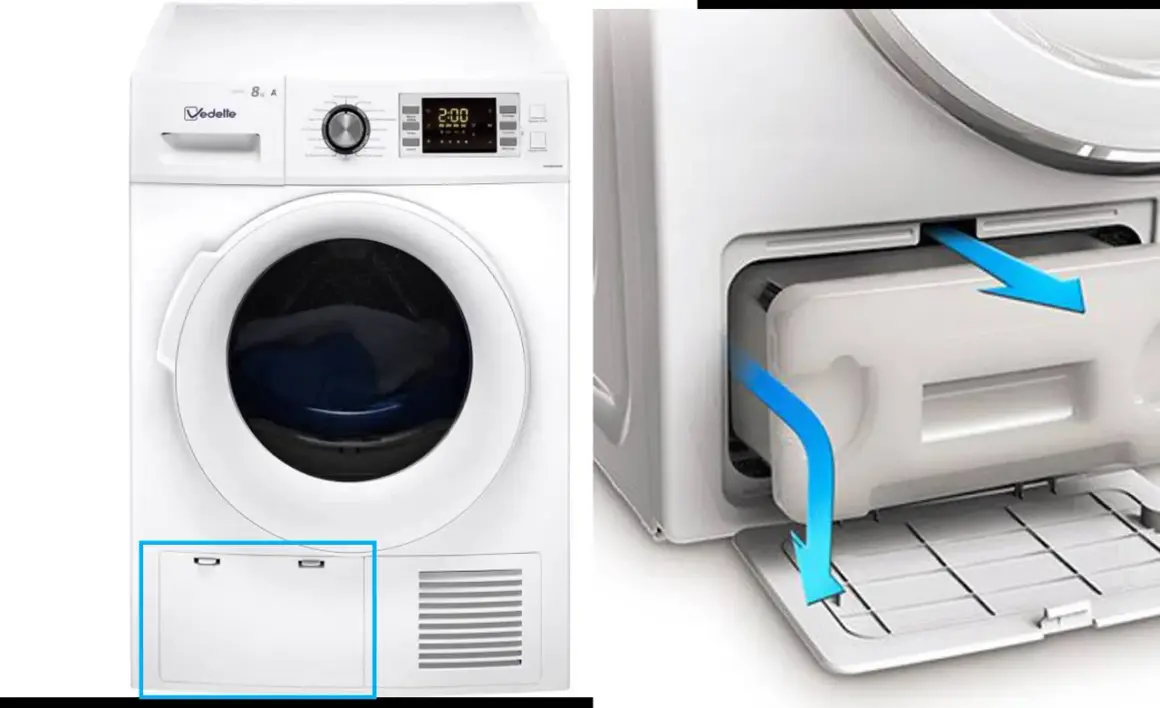 Sèche linge Vedette. Le filtre à condensation est retiré, peut-être que le sèche linge ne chauffe plus à cause de cela.