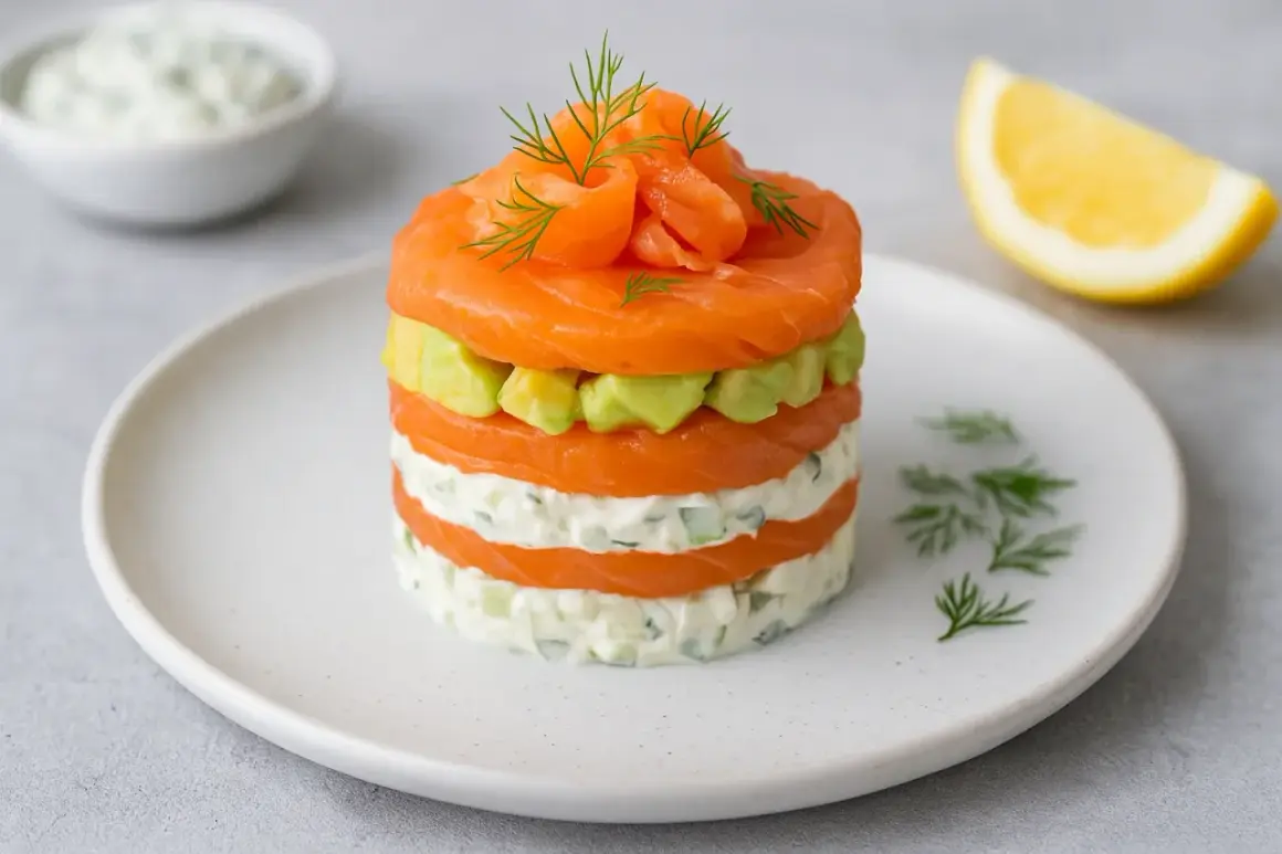 Un millefeuille saumon et avocat, garni d'aneth, sur une assiette blanche. Un quartier de citron est visible à droite.
