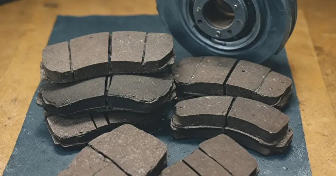 Piles de plaquettes de frein neuves, prêtes à être installées. Chaque roue de voiture utilise généralement deux plaquettes.