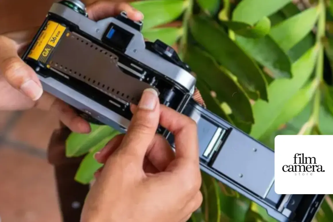 Hands loading a 36-exposure film into a vintage camera. The film roll is visible, ready to capture memories.
