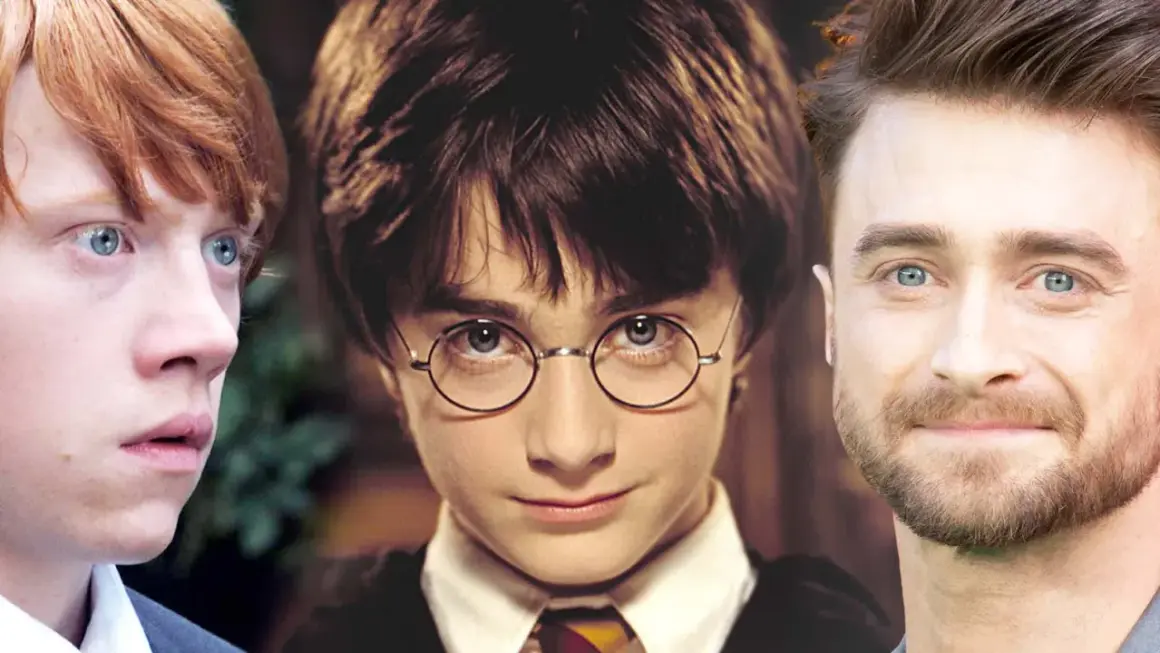 Drei Harry Potter Schauspieler: Rupert Grint, Daniel Radcliffe als Kind und Daniel Radcliffe als Erwachsener.