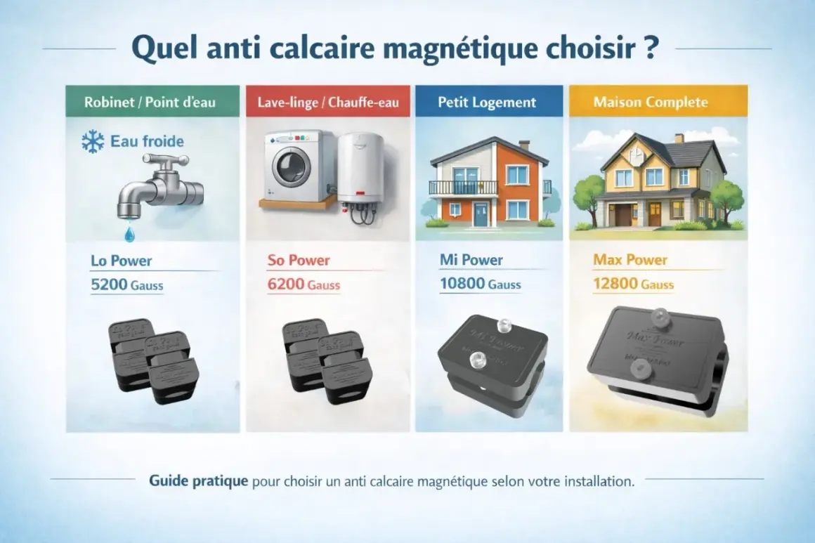 Guide pour choisir un anti calcaire magnétique. Aide à prévenir la formation du calcaire pour robinet, lave-linge, petit logement ou maison complète.