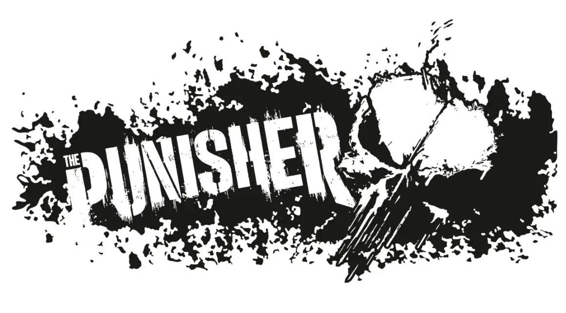 Czarno-białe logo z napisem "THE PUNISHER" i stylizowaną czaszką. Efekt rozbryzgów i zniszczenia.