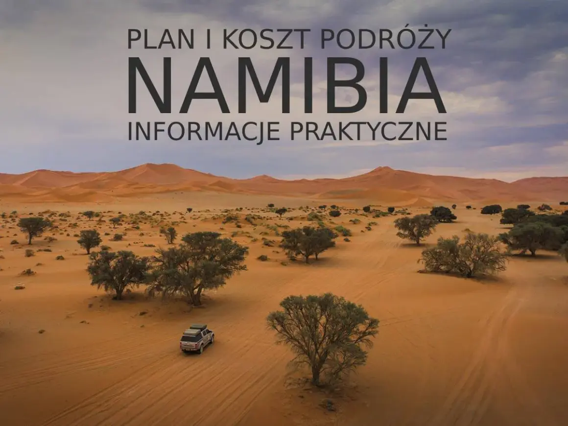 Plan podróży i koszty na wycieczkę do Namibii. Pustynny krajobraz z drzewami akacjowymi i samochodem terenowym.