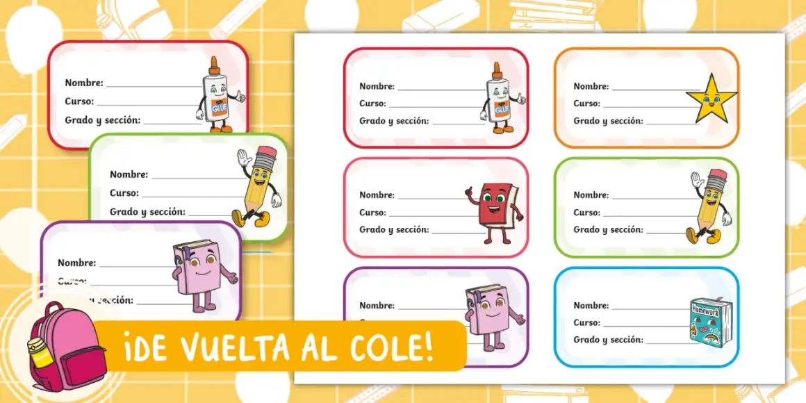 Plantillas de etiquetas para imprimir gratis con dibujos de útiles escolares animados. ¡Perfectas para la vuelta al cole!