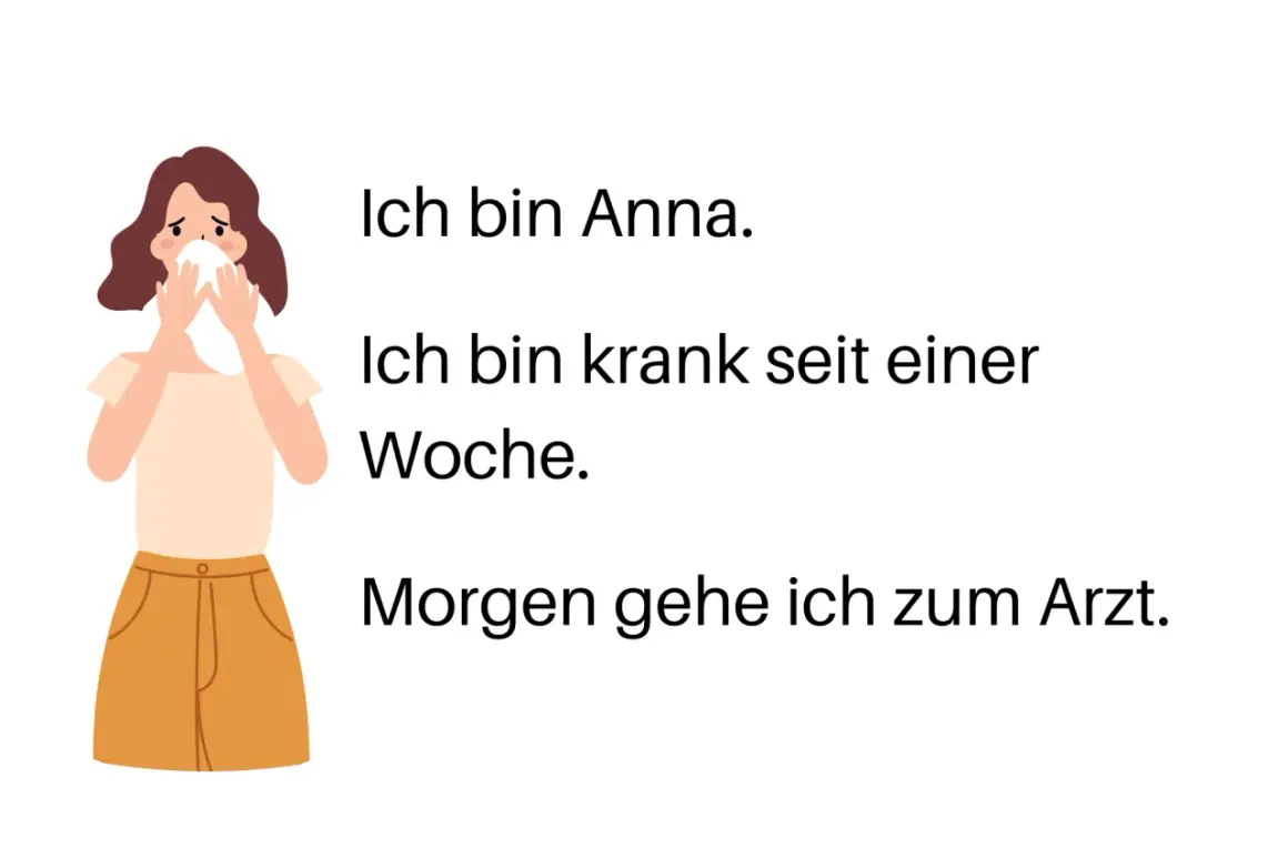 Ilustracja kobiety z chusteczką przy nosie, obok tekst po niemiecku.