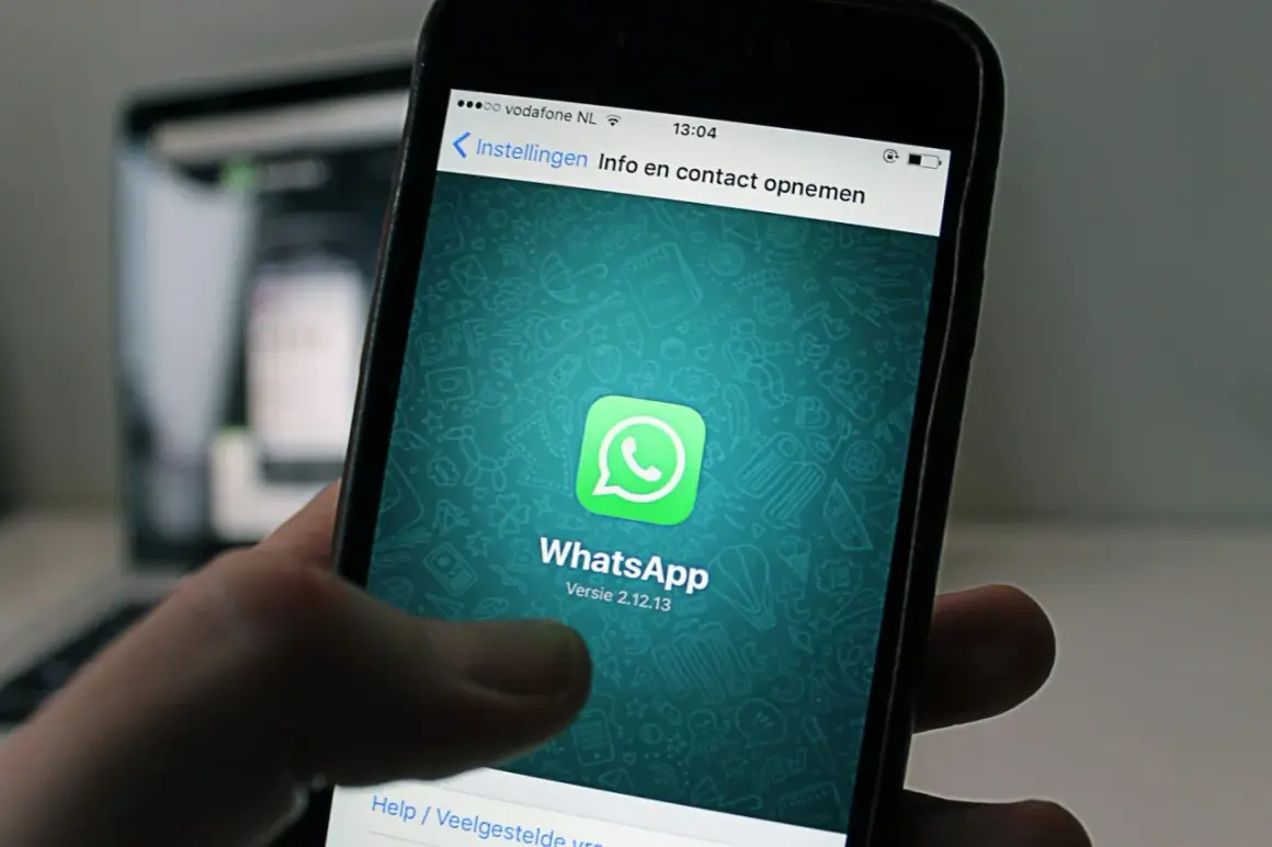 Dłoń trzyma smartfon z otwartą aplikacją **WhatsApp Business**. Na ekranie widnieje zielone logo aplikacji i jej nazwa.
