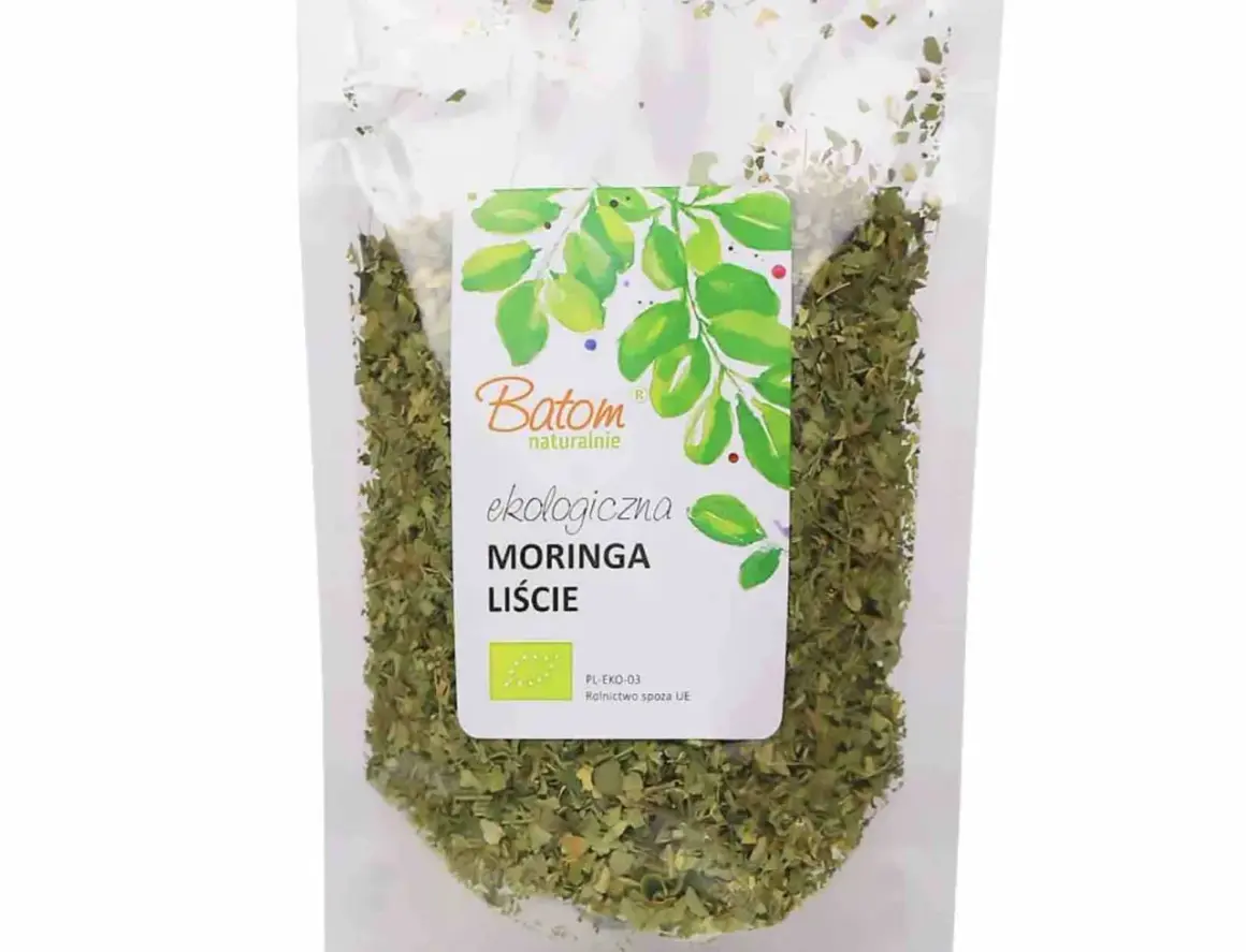Opakowanie ekologicznych liści moringa marki Batom. Nie daj się nabrać na ściemę, to prawdziwe liście!