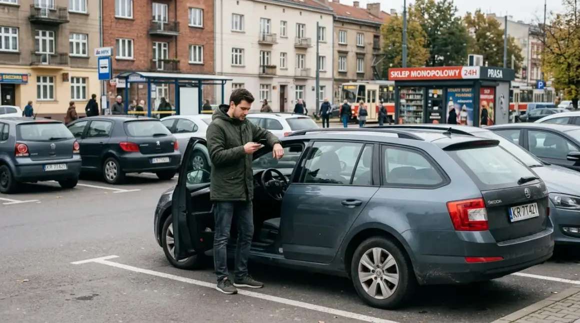 Mężczyzna przy otwartych drzwiach samochodu sprawdza coś na telefonie. W tle parking, budynki i sklep monopolowy.