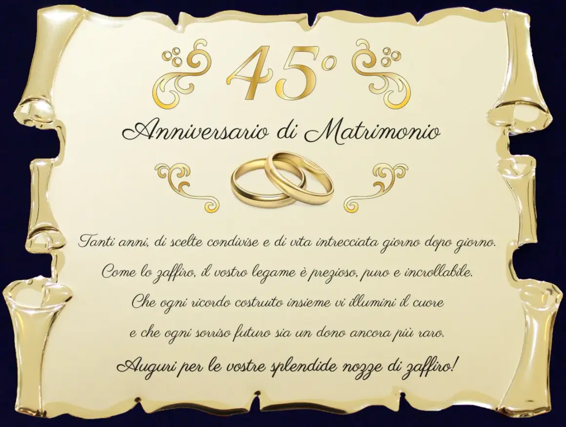 Złote obrączki na 45 rocznicę ślubu. "Anniversario di Matrimonio" i życzenia zodiakalnych "nozze di zaffiro".