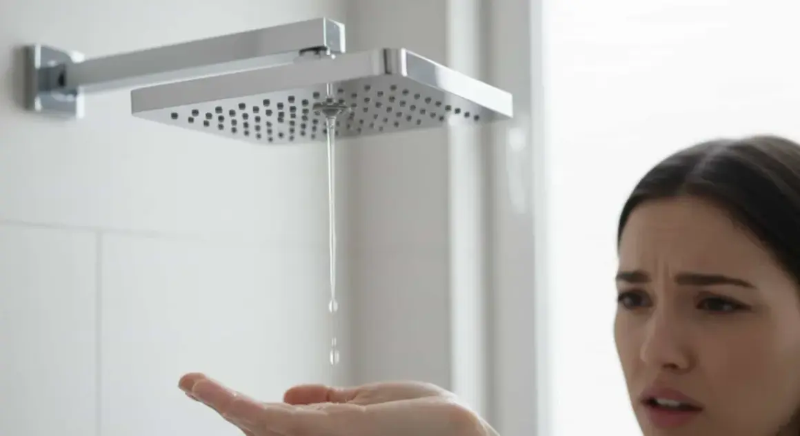 Une femme au visage déconfit teste l'eau de la douche. Elle n'a que de l'eau chaude dans sa douche, quelle déception !