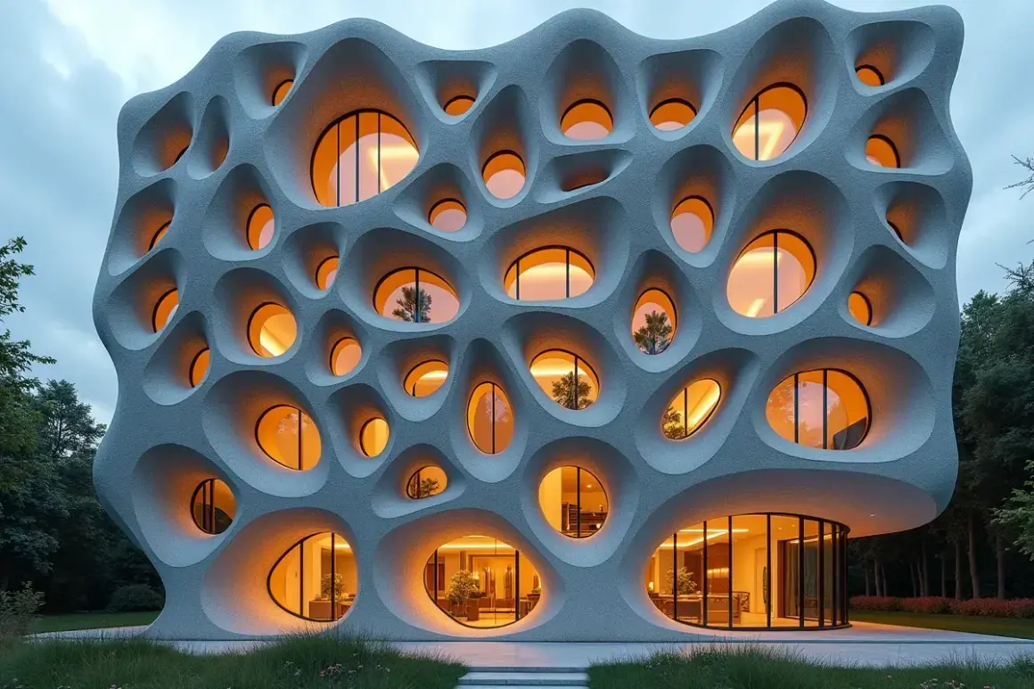 Fascynujący budynek z organiczną fasadą, gdzie okna tworzą wzory przypominające fraktale w architekturze.
