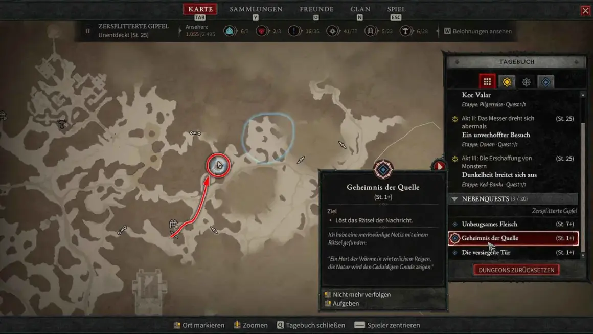 Diablo 4: Das Geheimnis der Quelle ist eine Nebenquest in den Zersplitterten Gipfeln. Ein Rätsel führt dich zu einem warmen Ort.