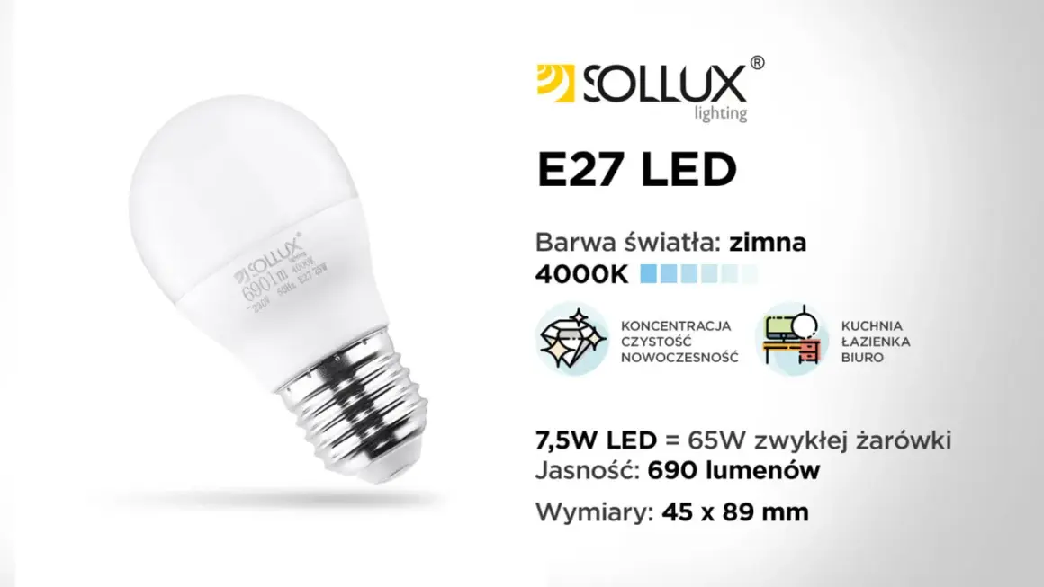 Żarówka LED Sollux E27 o barwie zimnej 4000K, 7,5W, zastępuje żarówkę halogenową 65W. Jasność 690 lumenów.