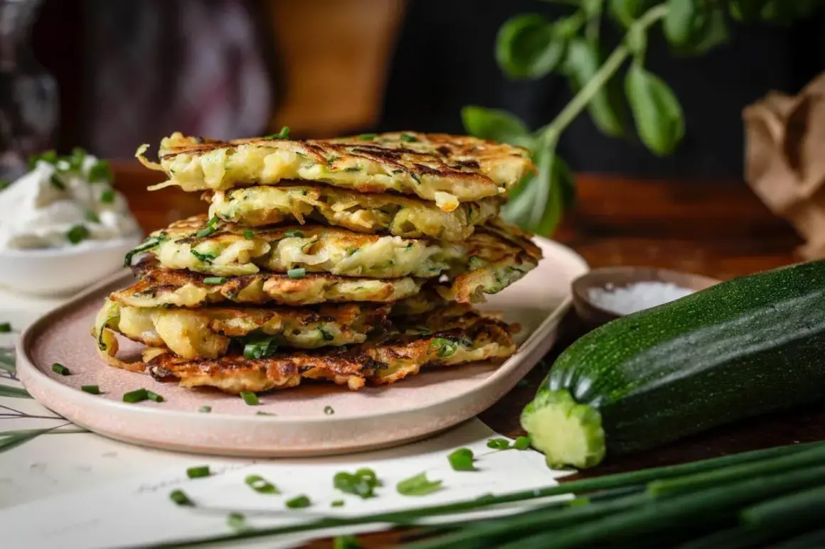 Stapel goldbrauner Zucchini Kartoffel Puffer, garniert mit Schnittlauch. Daneben eine Zucchini und eine Schale Salz.