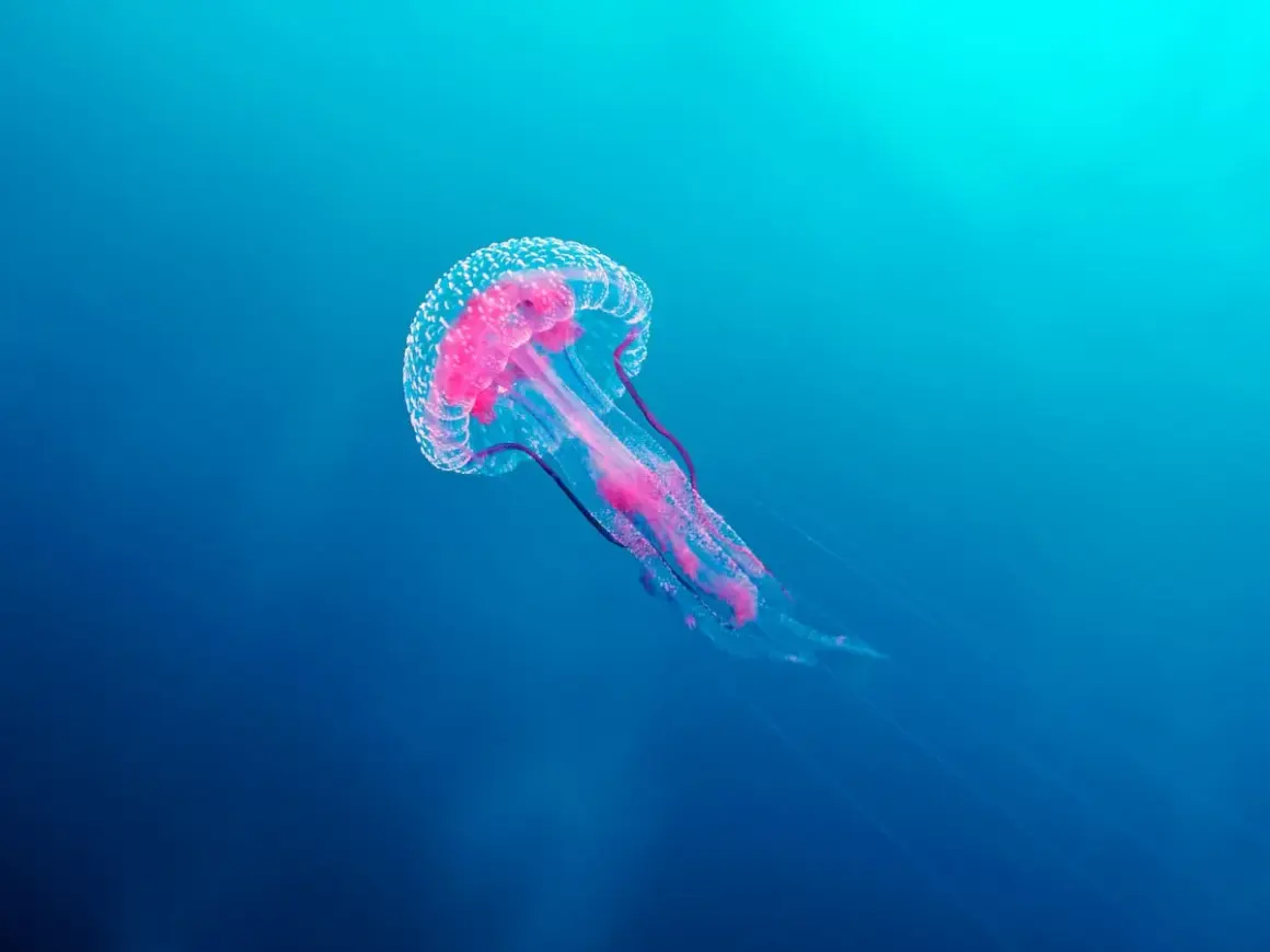 Medusa rosada y translúcida, un ejemplo de los diversos tipos de medusas en España, flota en aguas azules profundas.
