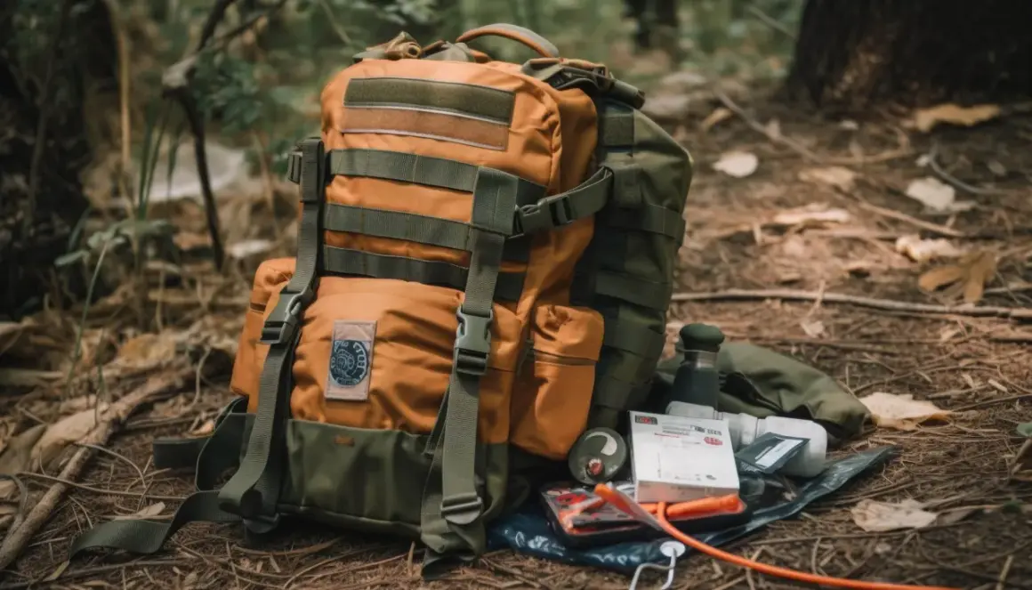 Mochila táctica naranja y verde con accesorios de supervivencia, lista para la aventura.