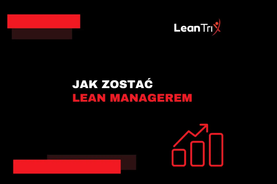 Grafika z napisem "JAK ZOSTAĆ LEAN MANAGEREM" i ikoną wzrostu.