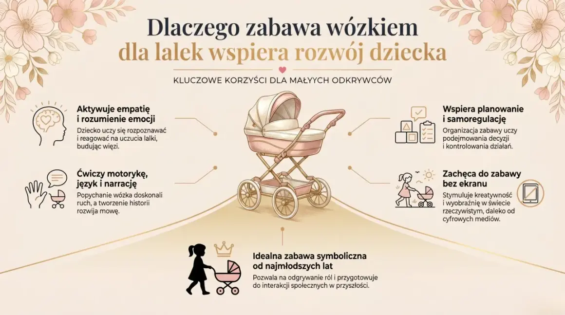 Zabawa lalkami w wózku rozwija empatię, motorykę i kreatywność, ucząc planowania i interakcji społecznych.