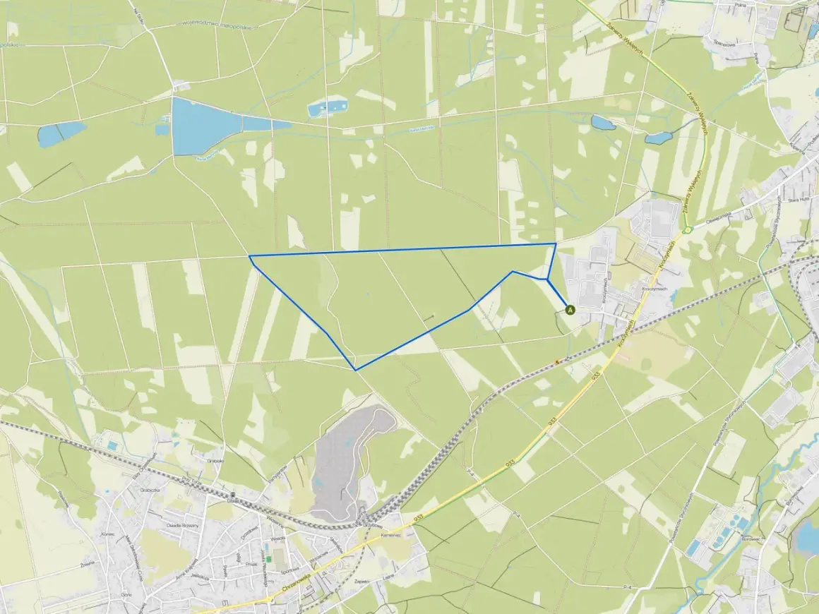 Mapa okolic Chrzanowa z zaznaczonym obszarem. Widoczne drogi, tereny zielone i zabudowania.