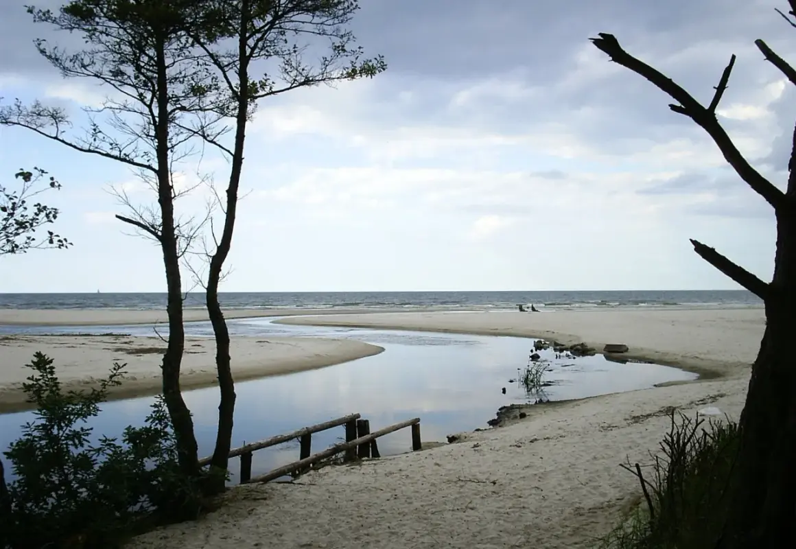 Plaża nad Jeziorem Żarnowieckim, z meandrującą rzeką wpadającą do morza. Idealne miejsce na relaks i podziwianie natury.