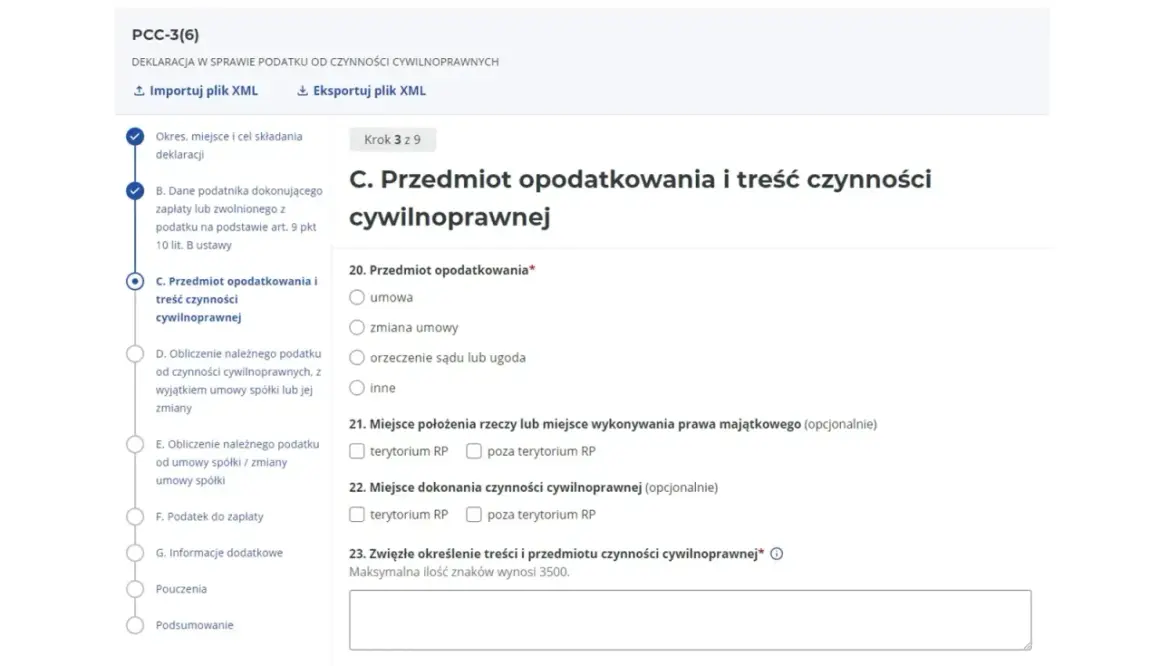 Formularz PCC-3(6) z zaznaczonym punktem "C. Przedmiot opodatkowania i treść czynności cywilnoprawnej".
