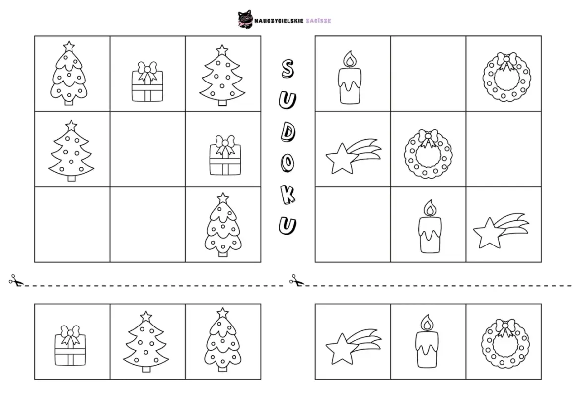 Świąteczne zadania dla dzieci do druku: sudoku z choinkami, prezentami, świecami, gwiazdkami i wieńcami.