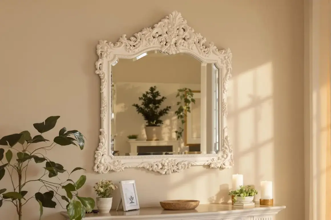 Un miroir ancien en bois, relooké en blanc, orné de volutes et de feuillages, reflète une pièce lumineuse avec des plantes.