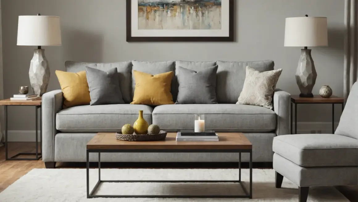 Graues Federkern Sofa mit gelben und grauen Kissen. Vorteile: bequem, Nachteile: kann einsinken.