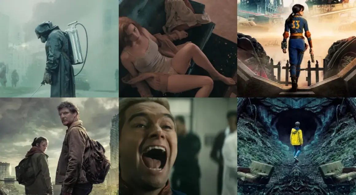 Kolaż z seriali: Czarnobyl, Gambit Królowej, Fallout, The Last of Us, The Boys, Dark. Zastanawiasz się, ile było odcinków?