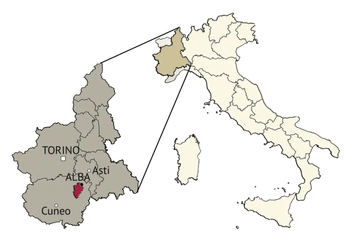 Mappa dell'Italia con evidenziata la regione Piemonte e, in particolare, le Langhe, zona rinomata per vini e tartufi.