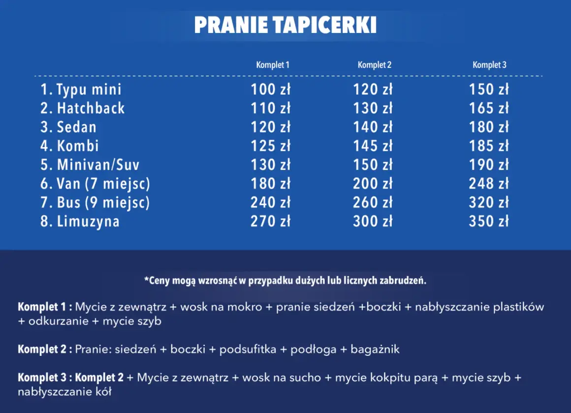 Cennik prania tapicerki samochodowej: od 100 zł za komplet 1 dla auta typu mini do 350 zł za komplet 3 dla limuzyny.