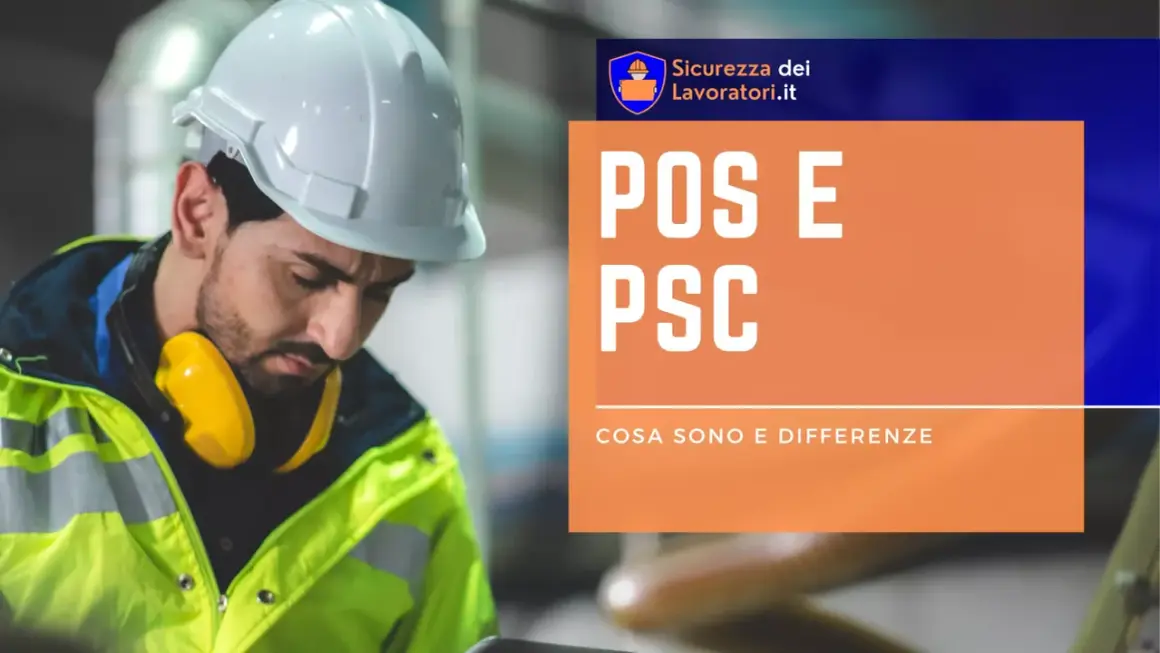 Operaio con casco e cuffie protettive, focus su POS e PSC, concetti chiave per la sicurezza sul lavoro.