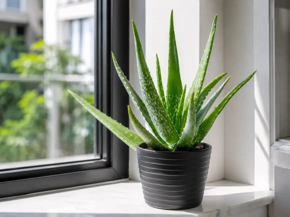 En frodig aloe vera planta i en svart kruka står på en fönsterbräda. Dess gröna blad med vita prickar sträcker sig mot ljuset.
