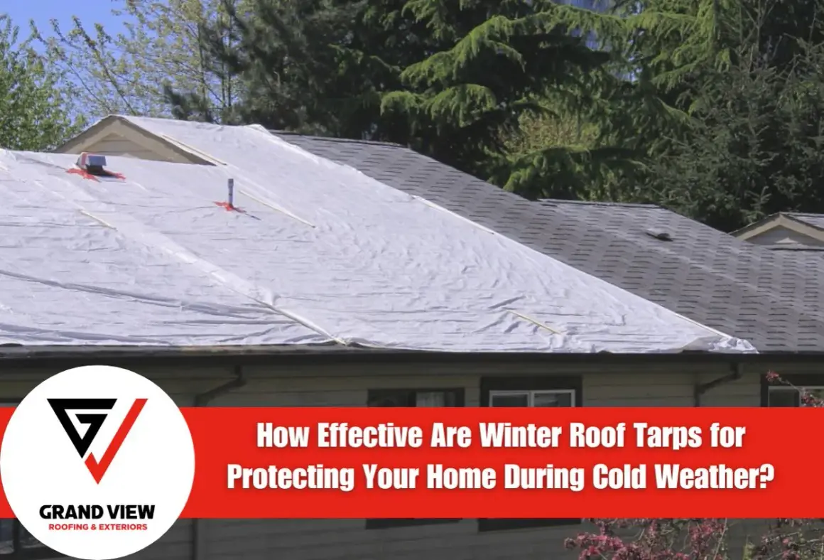 A house roof is covered with a white tarp, protecting it from cold weather. This temporary solution is crucial for roofing during winter.