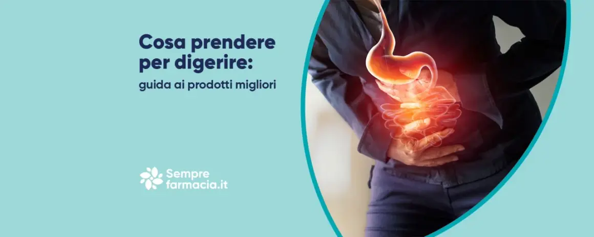 Guida su cosa prendere per digerire meglio. Immagine di uno stomaco e intestino con un'aura rossa, indicando disagio.