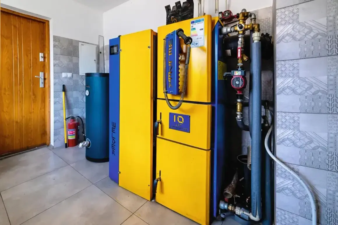 Nowoczesny piec gazowy 24kW, idealny do ogrzania domu o powierzchni do 240 m². Obok zasobnik wody i gaśnica.