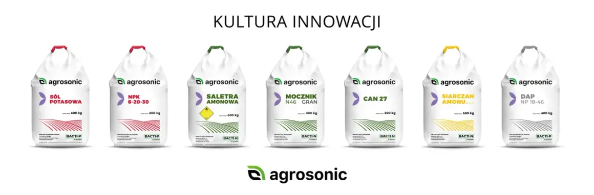 Siedem worków nawozów Agrosonic, w tym Siarczan amonu i DAP. Produkty wspierają efektywne nawożenie.
