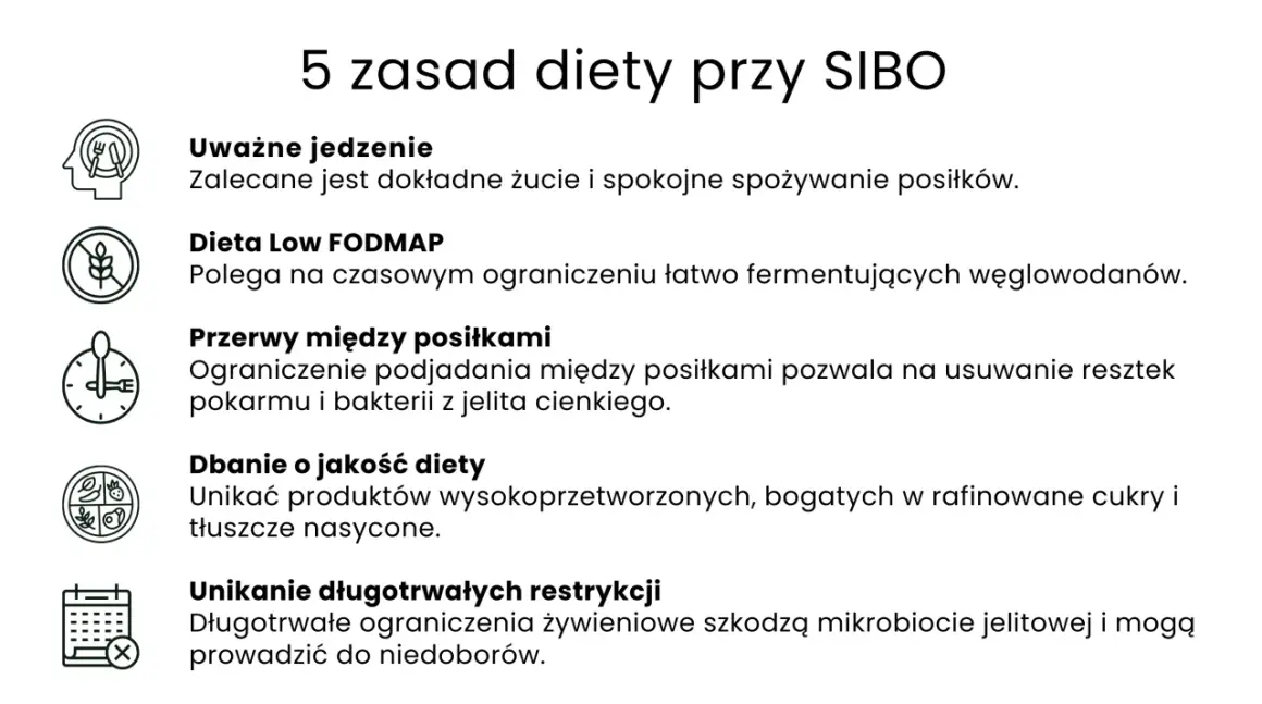 5 zasad diety przy SIBO: uważne jedzenie, dieta Low FODMAP, przerwy między posiłkami, dbanie o jakość diety, unikanie długotrwałych restrykcji.