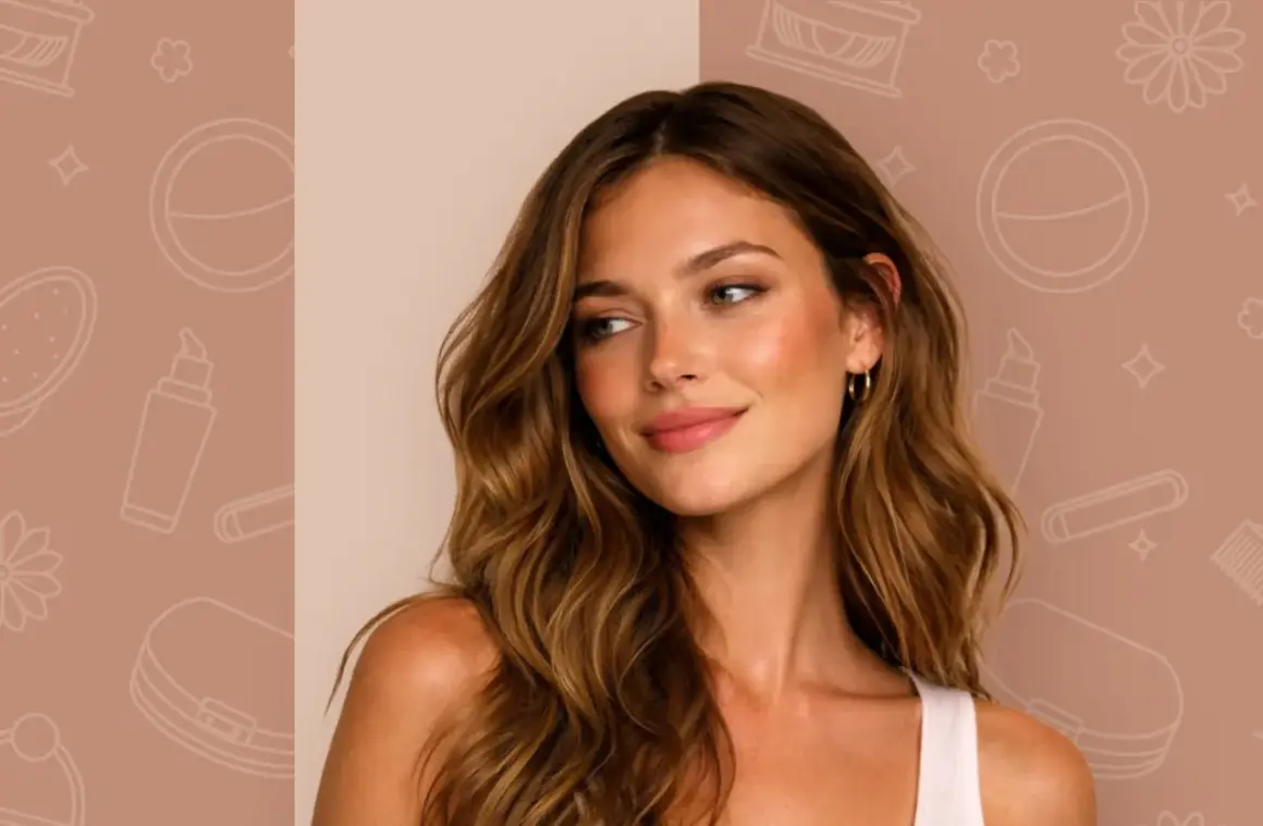 Donna con capelli castani e un sorriso radioso, con un tocco di blush sulle guance. Lo sfondo presenta icone di cosmetici, suggerendo dove applicare il blush per un look naturale.