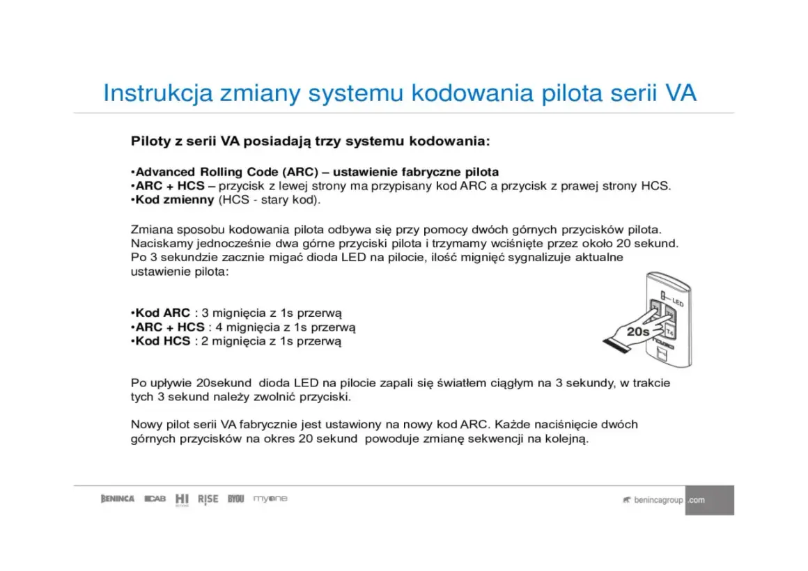 Instrukcja zmiany systemu kodowania pilota serii VA. Opisuje kodowanie ARC i HCS, jak w instrukcji beretta super exclusive manual.
