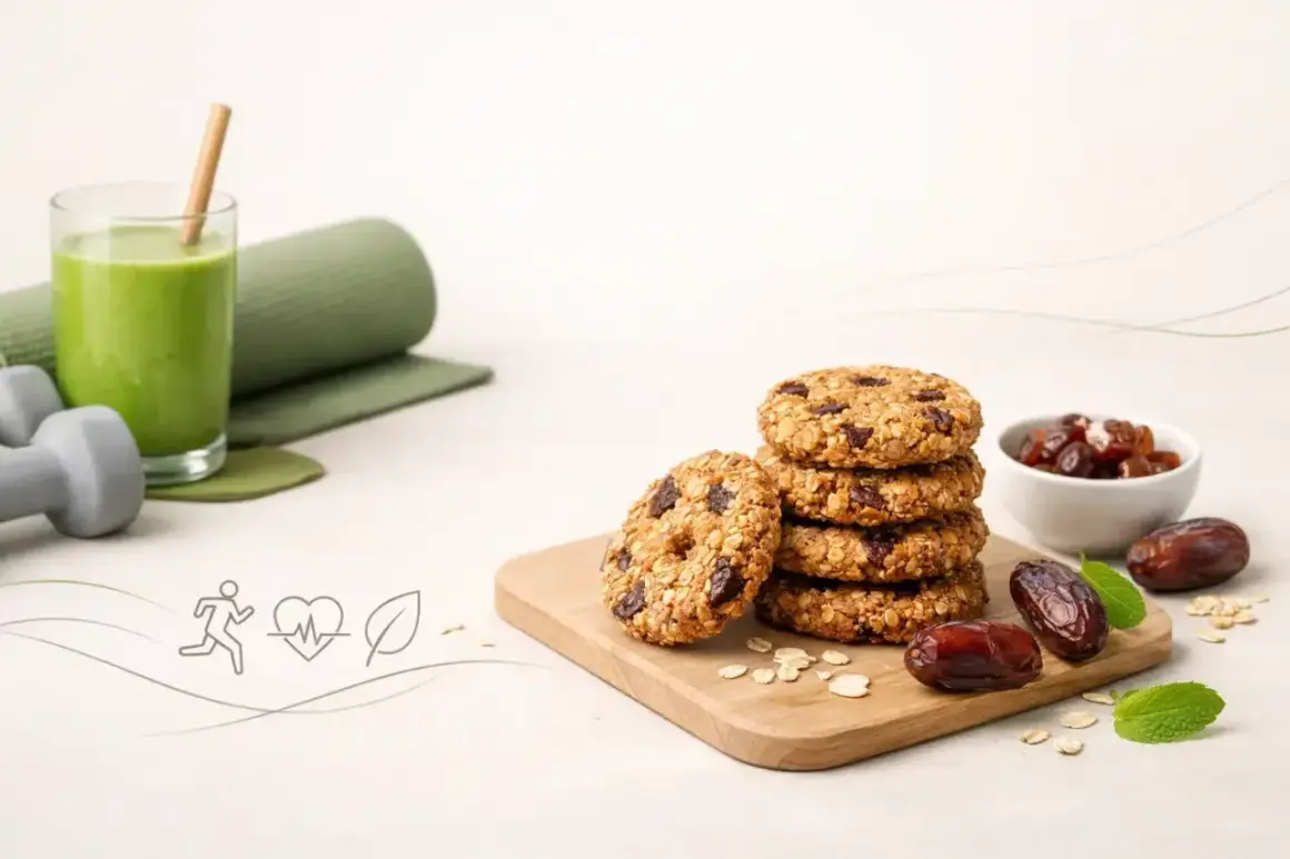 Ciasteczka owsiane dietetyczne jem i chudnę. Zdrowe śniadanie z zielonym smoothie, matą do ćwiczeń i hantlami.