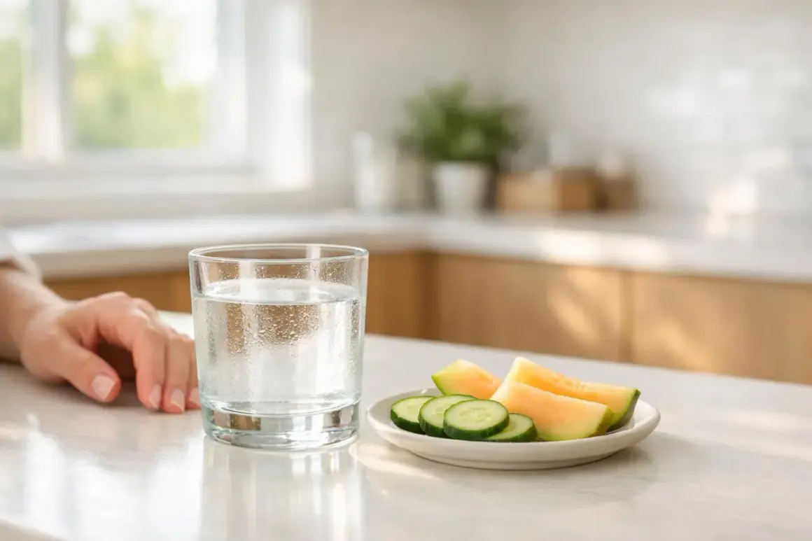 Un bicchiere d'acqua fresca e frutta (melone e cetriolo) su un tavolo, un'immagine che evoca il benessere e il mantenimento del **bilancio idrico** per una vita sana.